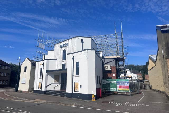 Scaffolding has gone up at the Plaza Community Centre in Thrapston