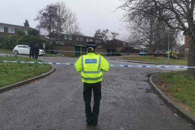This was the crime scene in Flaxwell Court, Standens Barn, on Thursday at 3pm, where police were investigating the murder of a man in his 20s.