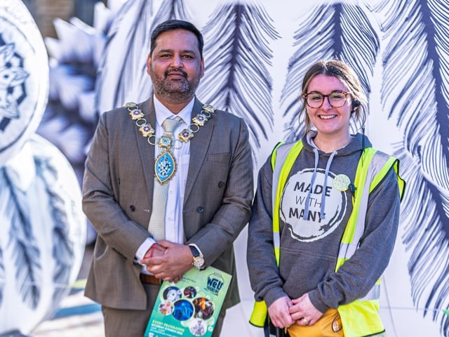 Mayor Raj Mishra with Made With Many co-director Vicky Frayard, in front of the Nocturnal installation