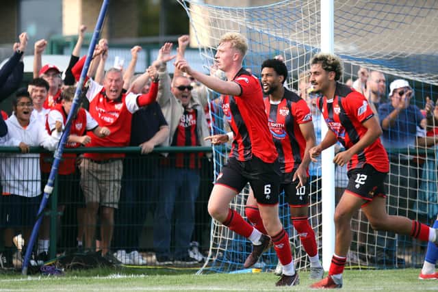 Harvey Peters thought he had won the match for Kettering Town after his 84th-minute header (Picture: Peter Short)