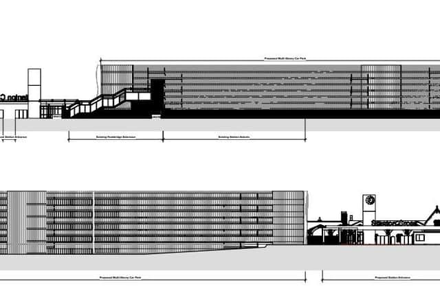 Proposals showing the new multi-storey car park next to the new station entrance