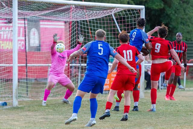 'A Trialist' scores for Corby Town against Rothwell Corinthians (Picture: Jim Darrah)
