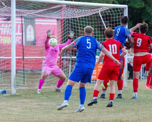 'A Trialist' scores for Corby Town against Rothwell Corinthians (Picture: Jim Darrah)