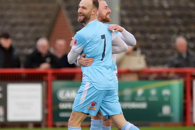 Wes York celebrates scoring Kettering's opener (Picture: Peter Short)