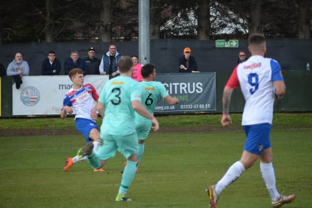 Mitchell White was on target again with this effort in AFC Rushden & Diamonds' 1-1 draw with Royston Town last weekend. Picture by Shaun Frankham