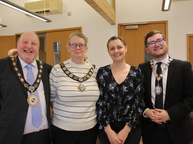 Cllr Paul Byrne (mayor of Raunds), Cllr Tracey Smith (mayor of Rushden), Nadia Norman (heritage co-ordinator at Stanwick Lakes) and Cllr Ethan Hopkinson (mayor of Irthlingborough)