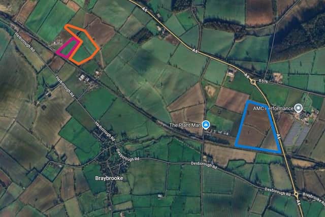 Three proposed BESS sites near Braybrooke. (blue= Regener8, pink - Aura Power, orange= Elmya)