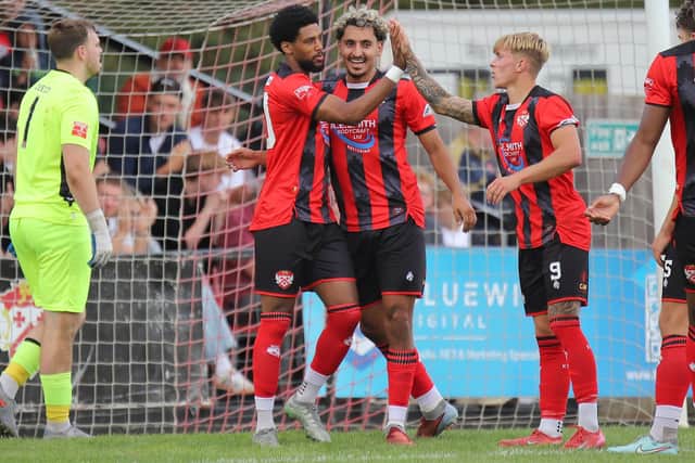 Shaun Jeffers celebrates after making it 5-0 (Picture: Peter Short)