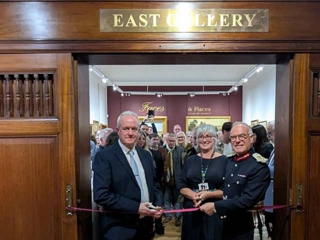 L-r Cllr Martin Griffiths leader of North Northants Council, Billie Stevenson Alfred East Gallery manager, Lord Lieutenant of Northamptonshire James Saunders Watson/NNC