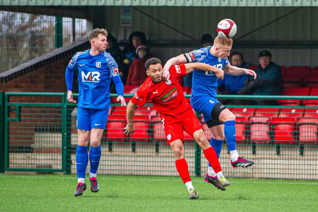 Midfield action from Corby's 0-0 draw with Quorn on Saturday (Picture: Jim Darrah)