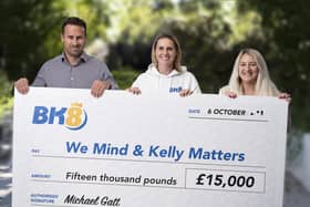 The previous donation by BK8 made last year to We Mind & Kelly Matters.  
Pictured left to right is: BK8 European Managing Director Michael Gatt with We Mind & Kelly Matters Patron Kelly Smith and Amy Hewitt from We Mind & Kelly Matters.