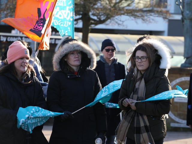 Striking teachers brave the cold outside the Corby Cube