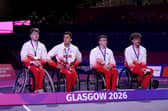Silver medalists Peter Cusack, Thomas Harvey, James Hazell and Oscar Knight of Team England took part in the medal ceremony for the Men's 3x3 Wheelchair Basketball at the Glasgow 2026 Commonwealth Games (photo by James Fearn/Getty Images)