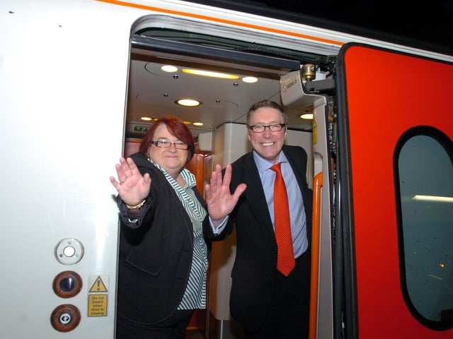 Corby, new train service to London St Pancras Station. First direct to London service for 40 years. l-r Mary Butcher (dep mayor) and Phil Hope MP on the trainMonday 23rd February 2009