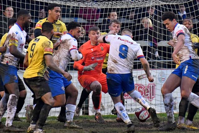 A goalmouth scramble during AFC Rushden & Diamonds' 1-0 win over Rugby Town (Picture: Martin Pulley)