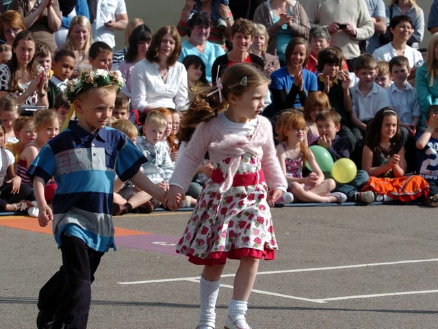 Kettering, Hawthorn Community Primary School, May Day celebrations 2009
May Queen Marcie Bradley-Green, 5, and May King Owen Chandler, 5,