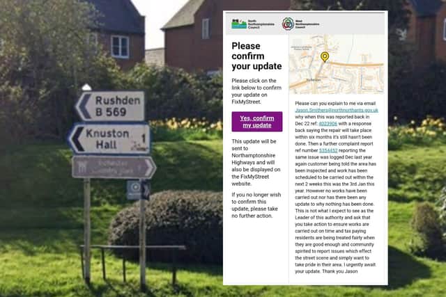 The damaged sign and (inset) the complaint from Cllr Smithers on FixMyStreet
