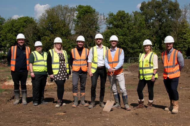 Pictured on the site where 54 homes are to be built are (from left to right): Luke Cosgrove, Contracts Manager at Morro Partnerships, Richard Mardon, Clerk of Works at Amplius, Freya Green, Employers Agent at Amplius, Jack Marriott, Senior Technical Coordinator at Morro Partnerships, James Tyson, Project Manager at Amplius, Ashley Ineson, East Midlands Operations Director at Morro Partnerships, Christine Steele, Head of Development and Programme at Amplius, and Joe Teall, Quantity Surveyor at Morro Partnerships
