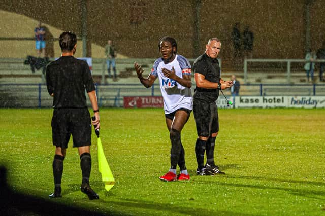 Tsaguim Florian pleads his case after being sent-off in Tuesday's win at Hinckley Leicester Road in which he also scored the winning goal. Picture by Jim Darrah