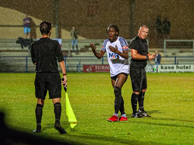 Tsaguim Florian pleads his case after being sent-off in Tuesday's win at Hinckley Leicester Road in which he also scored the winning goal. Picture by Jim Darrah