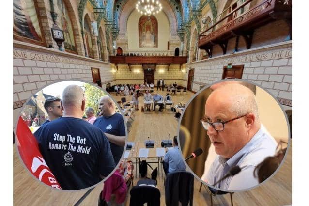 The meeting in The Guildhall of the Police Fire and Crime Panel - Firefighters protested outside. Mr Mold answers questions
