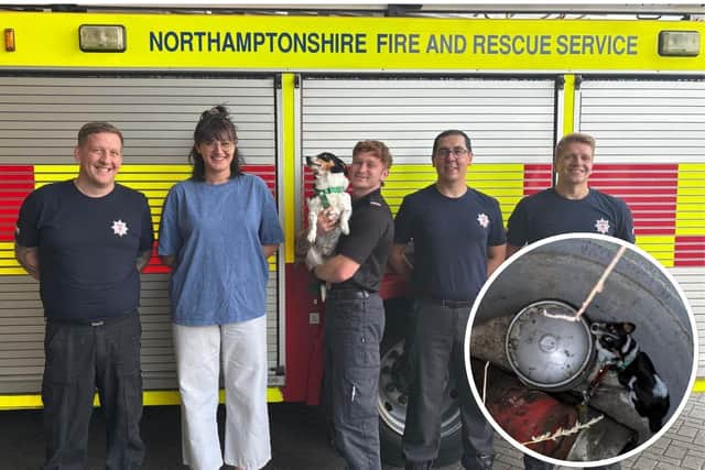 Jimmy the dog and his owner met Corby firefighters to thank them for his rescue/NFRS