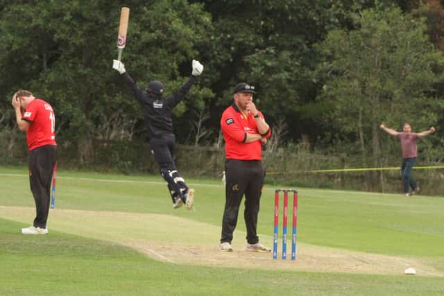 That winning feeling... Jordan Baxter runs away celebrating after he claimed two runs off the final ball of the match to secure a T20 Championship win for Rushden & Higham Town against Oundle Town (Picture: Finbarr Carroll)