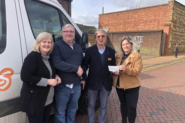 The Wellingborough Rotary Club president Brian Evans recently dropped into Shire Community Services to donate £1000 to help keep the Wellibus on the road.
From left to right: Susan Graham – Office Manager, Jon Ekins – Managing Director, Brian Evans – President of The Rotary Club of Wellingborough Hatton, Rachael Underwood - Transport Coordinator & Marketing Manager.