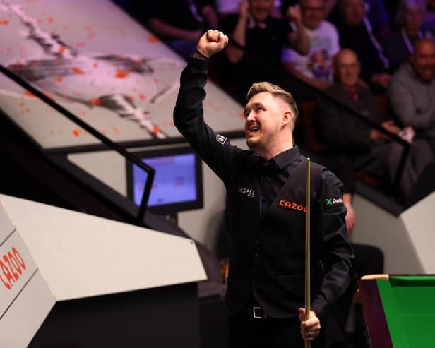 Kettering's Kyren Wilson celebrates his maximum 147 break in front of a delighted Crucible crowd. Picture by George Wood/Getty Images