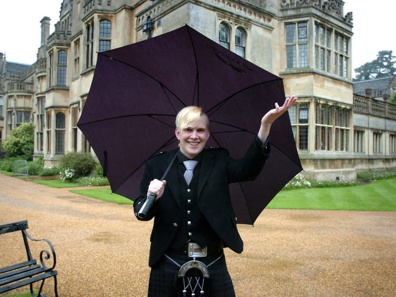 Andrew McFarlane didn't let the rain ruin his night as he arrived at Rushton hall for the Kingswood prom
