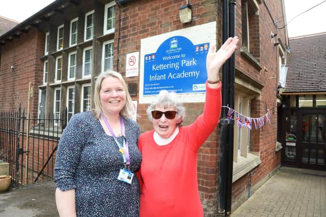 Headteacher Sarah Powell with Lynda Capps retiring from Park Infant School in Kettering
