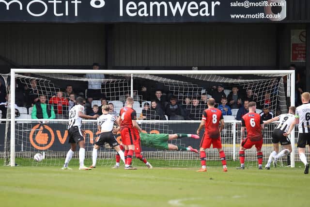 Glen Taylor scores his third goal for Spennymoor Town as Kettering Town were beaten 4-1. Pictures by Peter Short