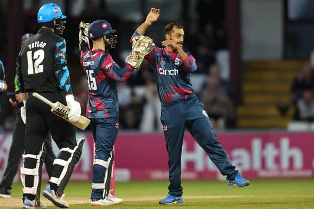 Saif Zaib celebrates claiming thw wicket of former team-mate Tom Taylor (Photo by David Rogers/Getty Images)