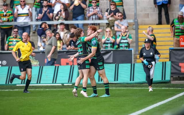 Jake Garside was on hand to congratulate George Hendy on his try early in the second half (picture: Ketan Shah)