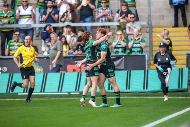 Jake Garside was on hand to congratulate George Hendy on his try early in the second half (picture: Ketan Shah)