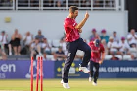 Ben Sanderson celebrates claiming the early wicket of Paul Walter (Picture: Peter Short)