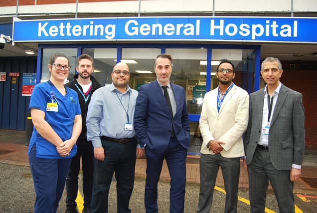 L-R The Pouch Service team - Stoma and Pouch Nurse Specialist Helen Drage, Dietician Jon Lawrence, Consultant Colorectal and IBD Surgeon, Mr Triantafyllos Doulias, Registrar Yasser Radwan, Inflammatory Bowel Disease lead, and Consultant Gastroenterologist, Dr Farhad Peerally and Consultant Colorectal Surgeon Mr Khalid Hureibi.