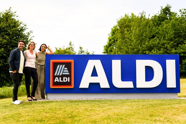 Presenter Anita Rani with Chris Bavin and Aldi managing director of buying Julie Ashfield during filming at Aldi's HQ