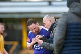 Gary Mills gives some instructions to Joe Curtis during Corby Town's 2-1 defeat at Loughborough Dynamo. Pictures by Jim Darrah