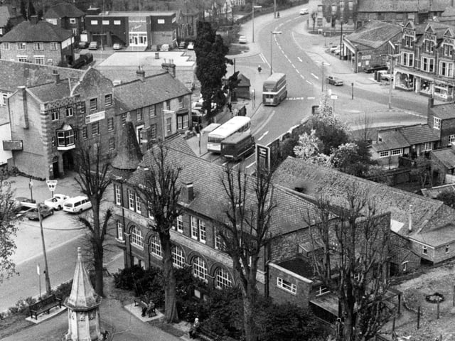 An aerial view of Rushden including the War Memorial (bottom left)