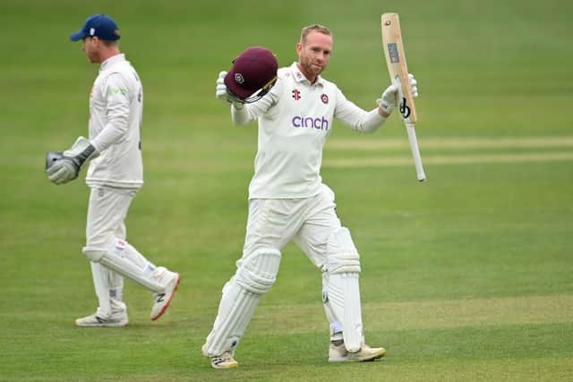 Luke Procter celebrates one of his three centuries for Northants last season