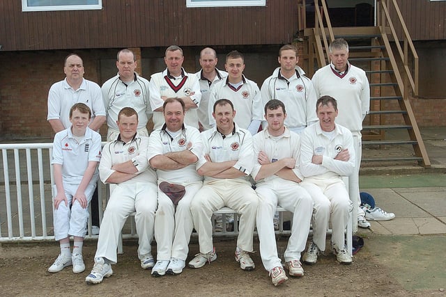 Corby S&L Cricket Club Team: Back from left: Micky Dunn, Mike McGeown, Jim Swan, Steve Walker, Tony Thurman, Jeff Simmons, and Mark Harrison
Front  Ryan Dunn, Owen Dunn, Chris Dunn, Martin Pearce, Mike McIntyre and Mick Pearce -  May 2009