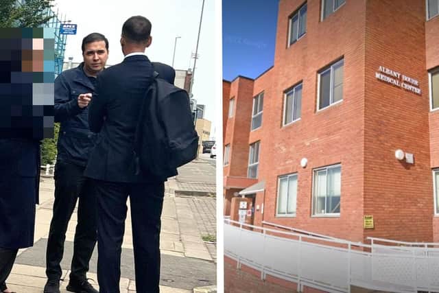 Left: Dr Adam Nawaz outside Northampton Magistrates Court. Right: Albany House Medical Centre in Wellingborough. Image: Northants Telegraph.