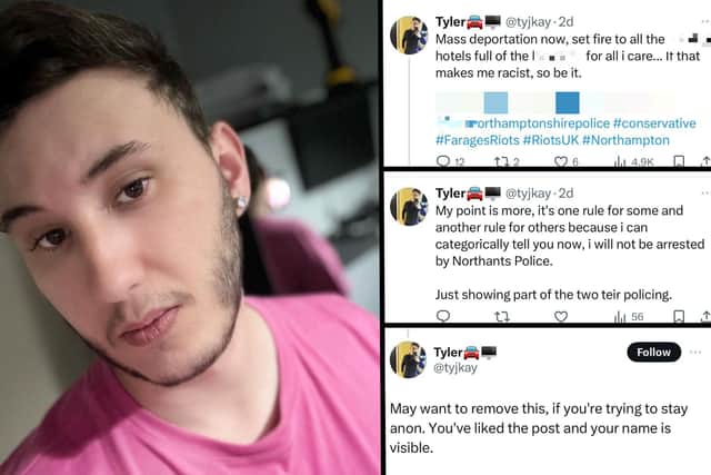 Tyler McKay who tried to stoke up racial hatred on Twitter. Left, some of his incendiary tweets. Image: National World