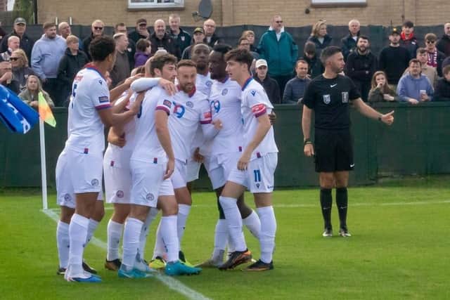 AFC Rushden & Diamonds players celebrate after James Clifton's opening goal (Picture: Shaun Frankham)