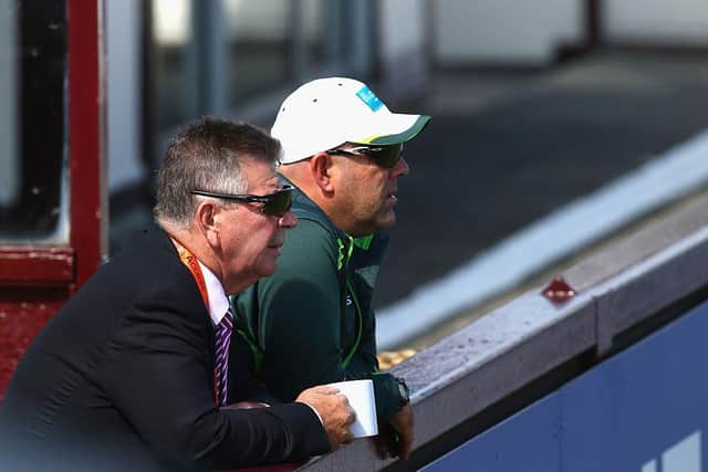 Future home... Darren Lehmann (right) and Rodney Marsh look on from the pavilion during Australia's tour match with Northants at the County Ground in 2015