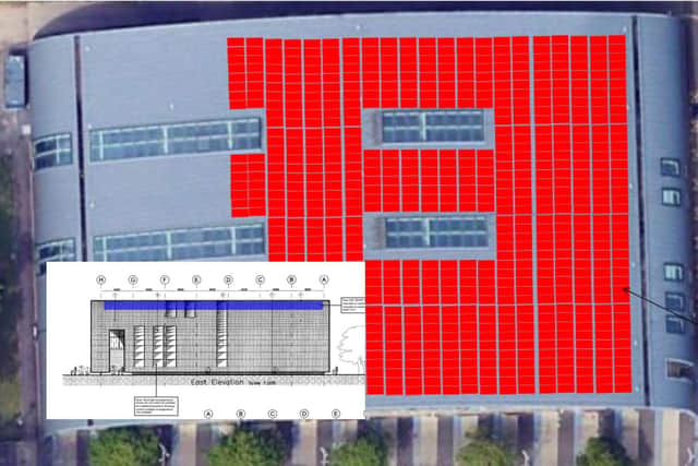 The pool will have 750 photovoltaic panels installed on the roof. The panels here are shown in red for illustrative purposes only. Image: NNC