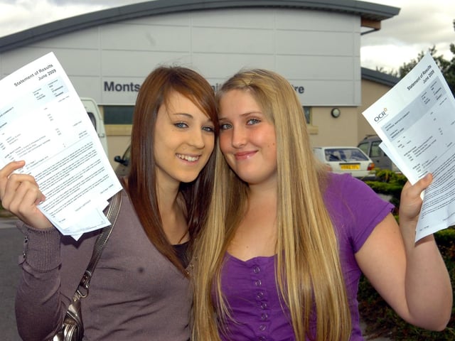 Michelle Brennan and Madison Jones pick up their exam results in August 2009