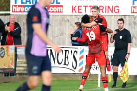 Keaton Ward celebrates his second goal with Tyrone Lewthwaite during Kettering Town's 4-2 win over Blyth Spartans. Pictures by Peter Short