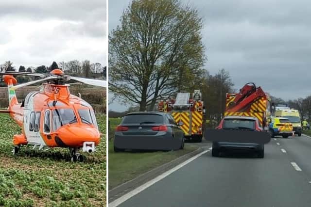 Medics from the Magpas air ambulance were scrambled to the scene of a crash on the A605 near Thrapston on Monday. Photo: @NorthantsSCIU